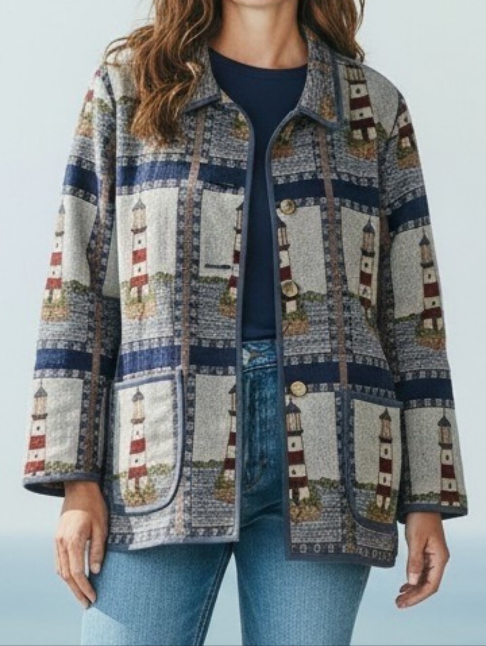 Vintage 90s Blair Cottagecore Nautical Lighthouse Jacket Womens XL Blue White